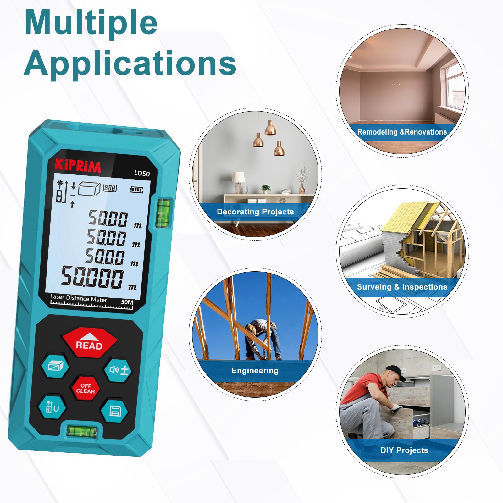 Laser Distance Measure 165 Feet with 2 Bubble Levels,M/in/Ft Unit Switching Backlit LCD,99 Sets Data Storage and Pythagorean Mode, Measure Distance, Area and Volume Kiprim LD50