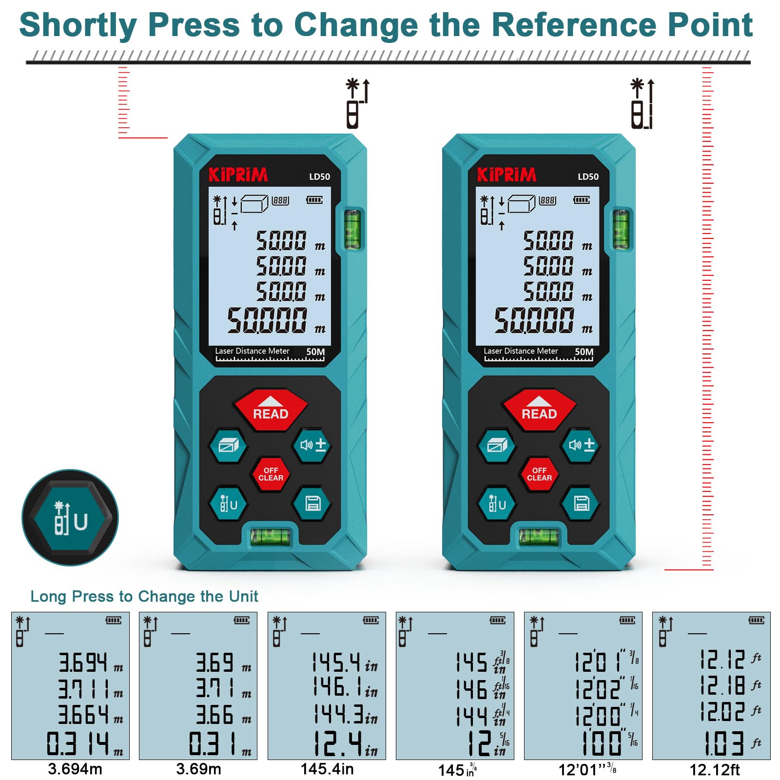 Laser Distance Measure 165 Feet with 2 Bubble Levels,M/in/Ft Unit Switching Backlit LCD,99 Sets Data Storage and Pythagorean Mode, Measure Distance, Area and Volume Kiprim LD50