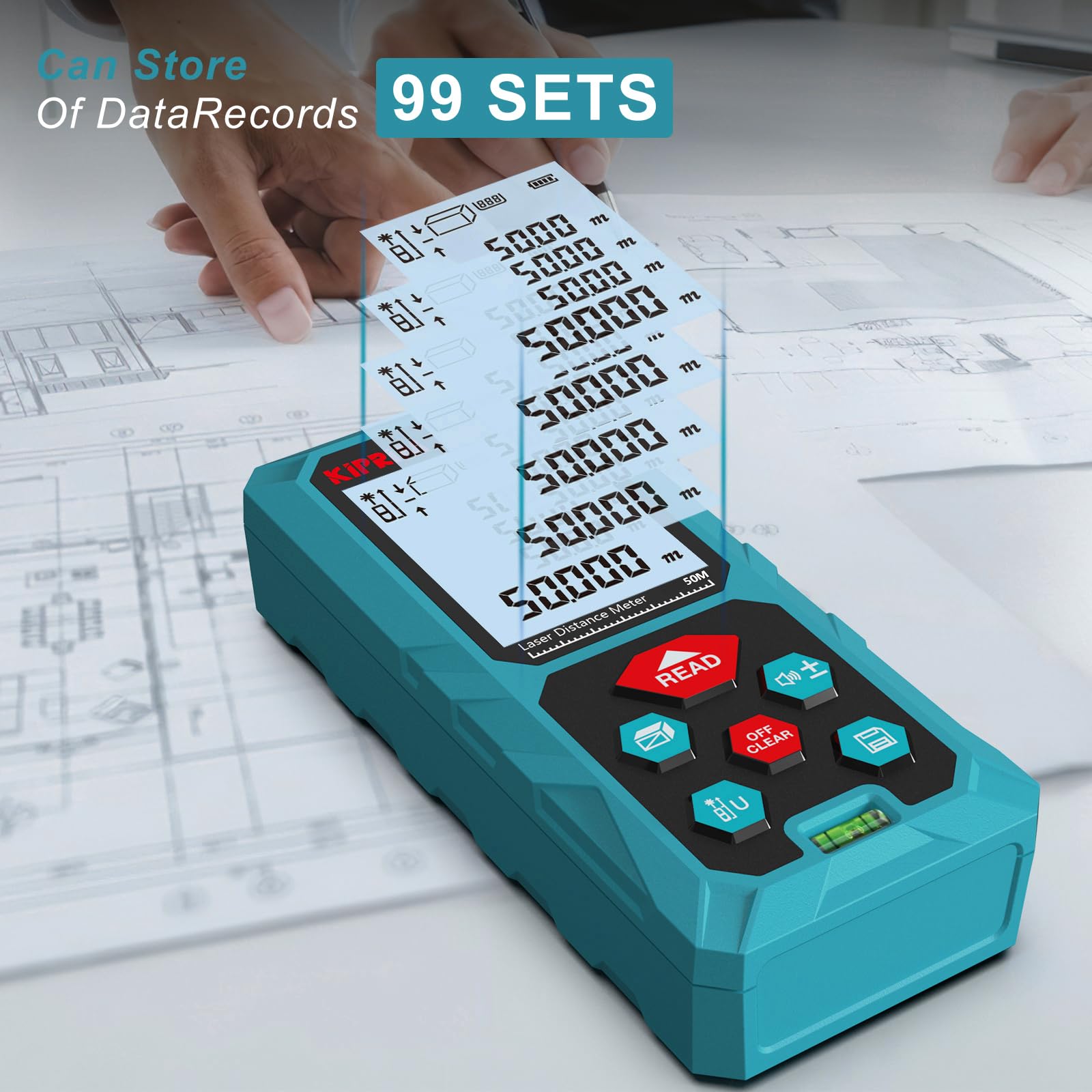 Laser Distance Measure 165 Feet with 2 Bubble Levels,M/in/Ft Unit Switching Backlit LCD,99 Sets Data Storage and Pythagorean Mode, Measure Distance, Area and Volume Kiprim LD50