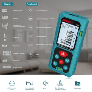 Laser Distance Measure 165 Feet with 2 Bubble Levels,M/in/Ft Unit Switching Backlit LCD,99 Sets Data Storage and Pythagorean Mode, Measure Distance, Area and Volume Kiprim LD50