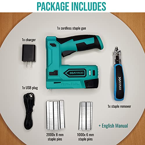 JOAVANI Electric Staple Gun, Cordless Stapler for Upholstery, DIY, Craft, and Decoration. Power Brad Staple Nailer for Wood (with 3000pcs Staples, 1x Staple Remover)