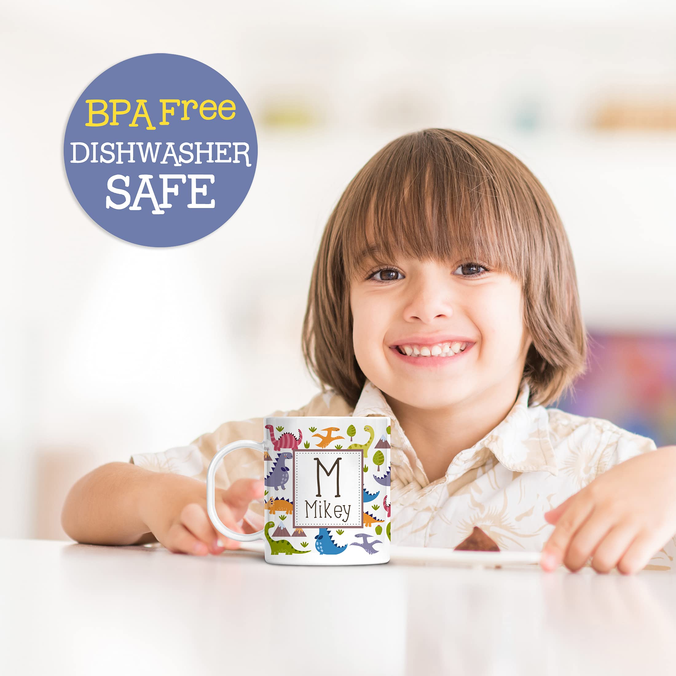 Kids Personalized Dinosaur Pattern Mug Customize with Child's Name, Lightweight Unbreakable Cup, Dishwasher Safe and BPA and Melamine Free