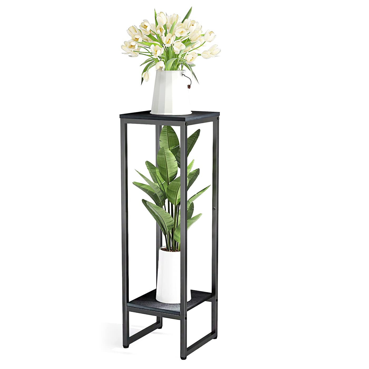 Jo.Devivre 37.4"Tall Plant Stands indoor, Metal Single Plant Stand holder for Indoor Plants,2 Tier Modern Corner Flower Pots Shelves, Square Plant Tables Pedestal Stand for Living Room Garden Balcony