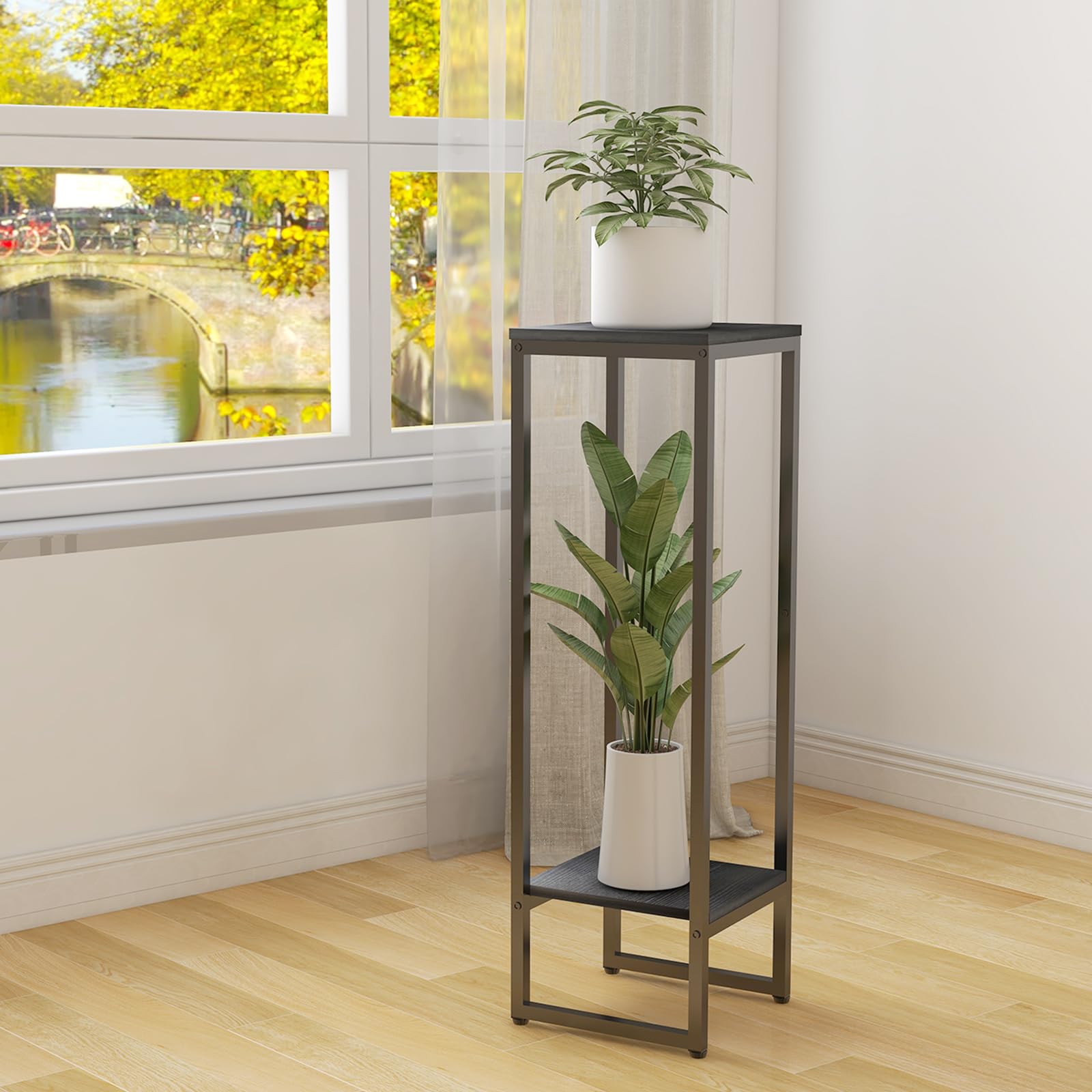 Jo.Devivre 37.4"Tall Plant Stands indoor, Metal Single Plant Stand holder for Indoor Plants,2 Tier Modern Corner Flower Pots Shelves, Square Plant Tables Pedestal Stand for Living Room Garden Balcony