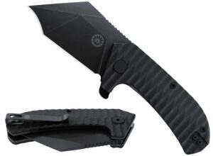 off-grid knives - raptor edc folding knife with tumbled black d2 steel, grippy g10, bearings, deep carry left & right, hawkbill tip, stout everyday carry