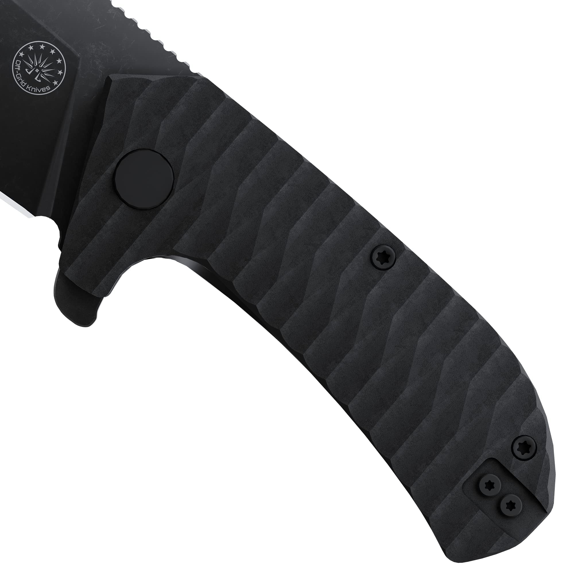 Off-Grid Knives - Raptor EDC Folding Knife with Tumbled Black D2 Steel, Grippy G10, Bearings, Deep Carry Left & Right, Hawkbill Tip, Stout Everyday Carry