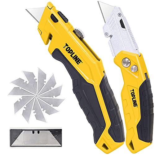 TOPLINE 2-Pack Utility Knife, Retractable Box Cutter and Folding Pocket Knife, Blade Storage Design, 18-Piece SK5 Blades and a Dispenser Included (Yellow)