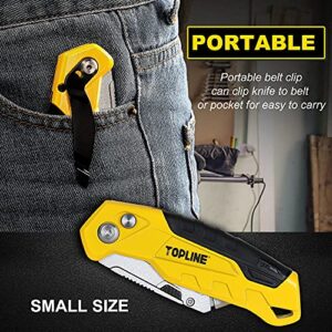 TOPLINE 2-Pack Utility Knife, Retractable Box Cutter and Folding Pocket Knife, Blade Storage Design, 18-Piece SK5 Blades and a Dispenser Included (Yellow)