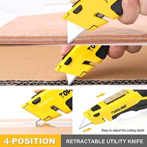 TOPLINE 2-Pack Utility Knife, Retractable Box Cutter and Folding Pocket Knife, Blade Storage Design, 18-Piece SK5 Blades and a Dispenser Included (Yellow)