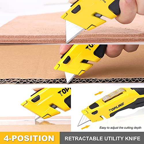 TOPLINE 2-Pack Utility Knife, Retractable Box Cutter and Folding Pocket Knife, Blade Storage Design, 18-Piece SK5 Blades and a Dispenser Included (Yellow)
