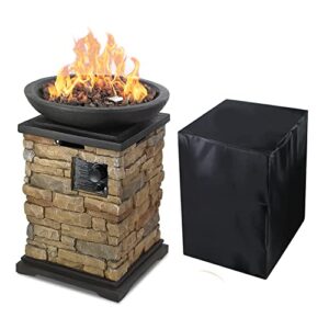 camplux propane firebowl column, 40,000 btu outdoor gas fire pit with pvc cover and lava rocks, garden slate rock look
