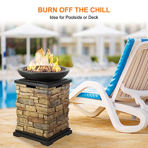Camplux Propane Firebowl Column, 40,000 BTU Outdoor Gas Fire Pit with PVC Cover and Lava Rocks, Garden Slate Rock Look