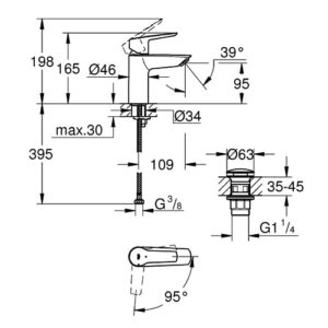 GROHE QUICKFIX Start - Basin Mixer Tap with Click-Clack Push Waste (Metal Lever, Water & Energy Saving Technology, Easy to Install, Includes 3-in-1 Tool, Tails 3/8 Inch), Size 165 mm, Chrome, 23551002