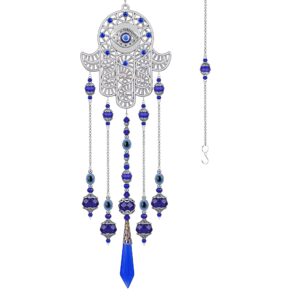 crystal prism suncatcher ornament with hamsa fatima hand protection charm turkish greek blue evil eye sapphire crystals beads for window hanging decoration