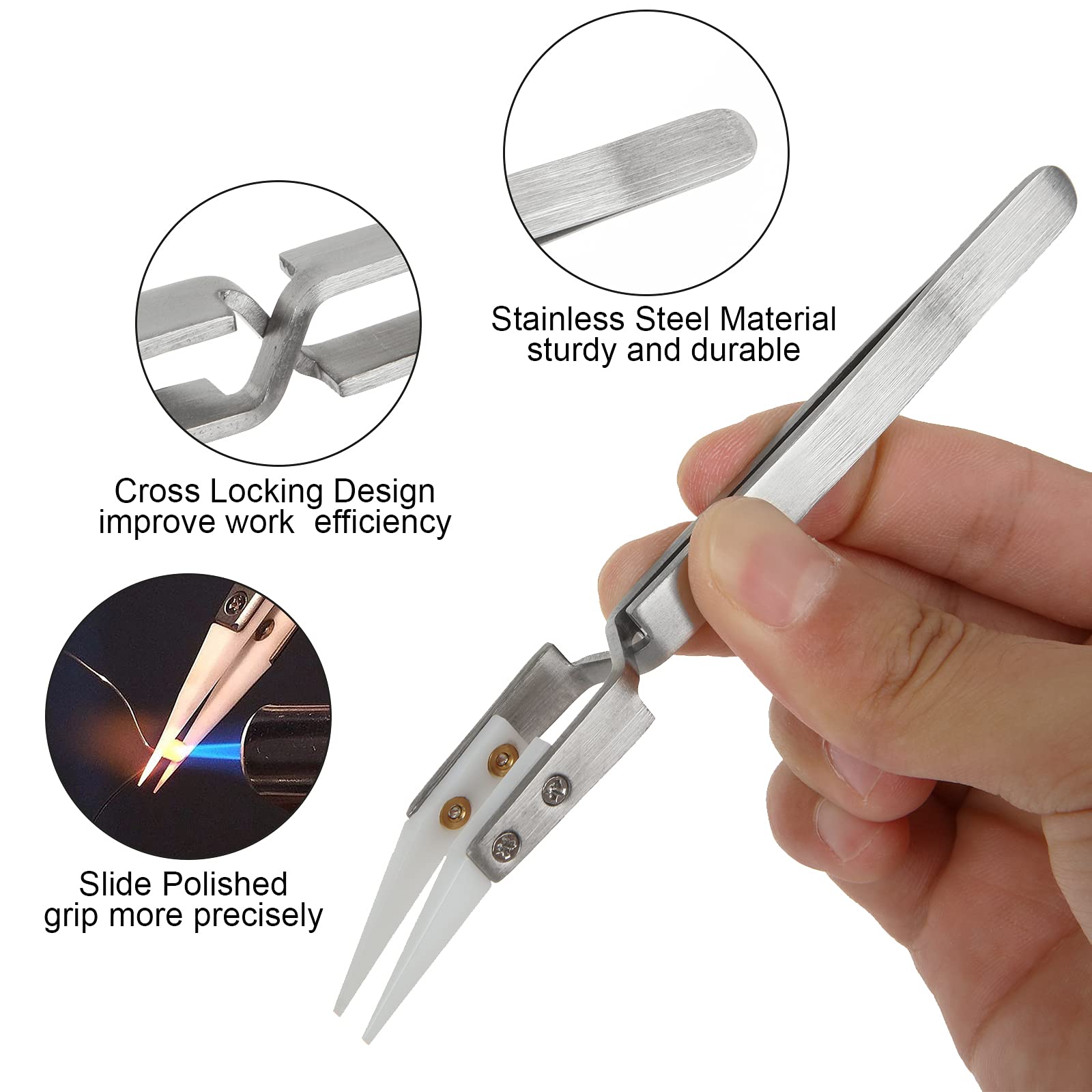 6 Pcs Precision Ceramic Reverse Solder Tweezers, Non-Conductive, Anti-Magnetic Pointed & Curved Tips Tweezers Set, Cross Lock Fiber Grip Soldering Tool, Heat-resistant Electronics Tweezers