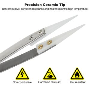 6 Pcs Precision Ceramic Reverse Solder Tweezers, Non-Conductive, Anti-Magnetic Pointed & Curved Tips Tweezers Set, Cross Lock Fiber Grip Soldering Tool, Heat-resistant Electronics Tweezers