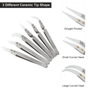 6 Pcs Precision Ceramic Reverse Solder Tweezers, Non-Conductive, Anti-Magnetic Pointed & Curved Tips Tweezers Set, Cross Lock Fiber Grip Soldering Tool, Heat-resistant Electronics Tweezers