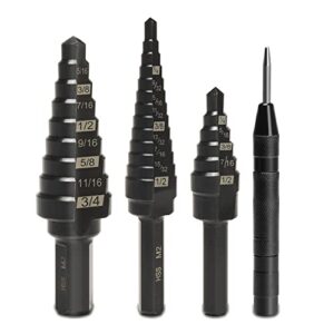 lichamp step drill bit set for metal sheet heavy duty, 4-piece genuine m2 hss step up down drill bits stepper unibit for steel hole, 28 sizes from 1/8 to 1/2 inches