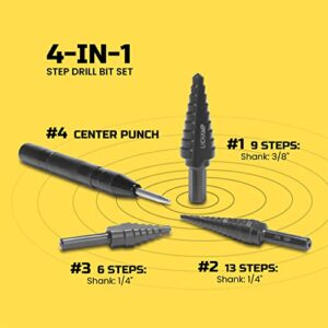 Lichamp Step Drill Bit Set for Metal Sheet Heavy Duty, 4-Piece Genuine M2 HSS Step Up Down Drill Bits Stepper Unibit for Steel Hole, 28 Sizes from 1/8 to 1/2 inches