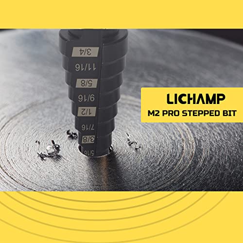 Lichamp Step Drill Bit Set for Metal Sheet Heavy Duty, 4-Piece Genuine M2 HSS Step Up Down Drill Bits Stepper Unibit for Steel Hole, 28 Sizes from 1/8 to 1/2 inches