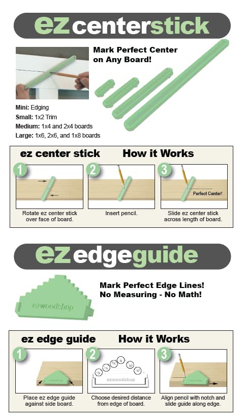 EZ Center Finder | Scriber Tool for Woodworking | Find and Mark Exact Center on Any Size Board | 4-Piece Set Includes Bonus Edge Guide.