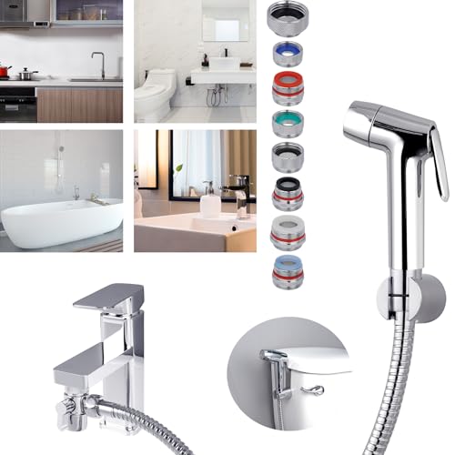 Sink Faucet Hose Sprayer Attachment, Handheld Bidet Toilet Sprayer, 8 Adapters, Dual Function Faucet Sprayer Rinser, Bathroom Shower Head, Baby Cloth Diaper for Feminine Hygiene, Bathing Pets, Chrome