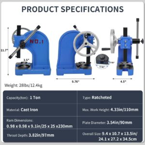 PNBO Arbor Press 1 Ton,Ratchet Leverage Arbor Press with Handwheel,Manual Desktop Punch Press Machine Metal Arbor Press Tool,for Stamping,Bending,Stretching,Forming