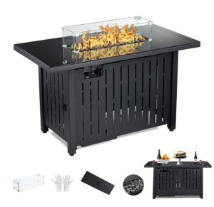43 inch propane gas fire pit table with glass wind guard,2 in 1 propane fire pit outdoor rectangle gas fire pit, tempered glass tabletop,60000btu fire table for outside patio/lawn,csa certificated