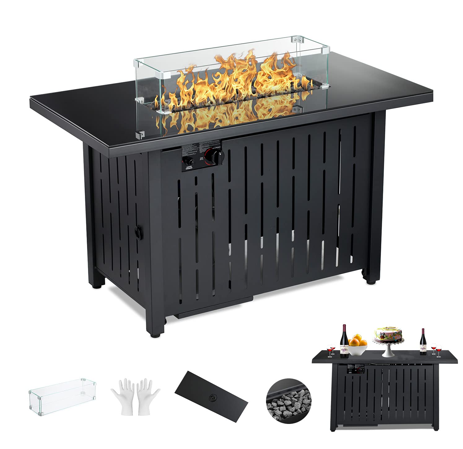 43 inch Propane Gas Fire Pit Table with Glass Wind Guard,2 in 1 Propane Fire Pit Outdoor Rectangle Gas Fire Pit, Tempered Glass Tabletop,60000BTU Fire Table for Outside Patio/Lawn,CSA Certificated