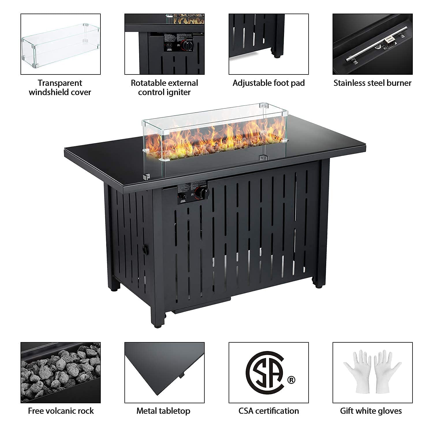 43 inch Propane Gas Fire Pit Table with Glass Wind Guard,2 in 1 Propane Fire Pit Outdoor Rectangle Gas Fire Pit, Tempered Glass Tabletop,60000BTU Fire Table for Outside Patio/Lawn,CSA Certificated