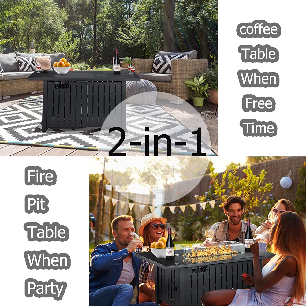 43 inch Propane Gas Fire Pit Table with Glass Wind Guard,2 in 1 Propane Fire Pit Outdoor Rectangle Gas Fire Pit, Tempered Glass Tabletop,60000BTU Fire Table for Outside Patio/Lawn,CSA Certificated