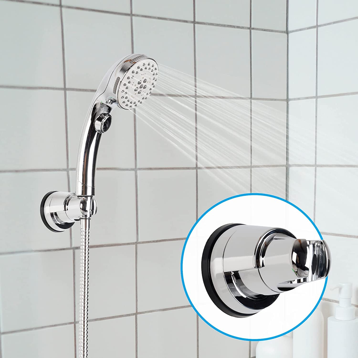 Hibbent Vacuum Suction Cup Shower Head Holder, Removable Shower Head Bracket, Height Adjustable Shower Wand Holder & Wall Mount ABS Plastic Suction Holder for Handheld Shower Head, Chrome Finish