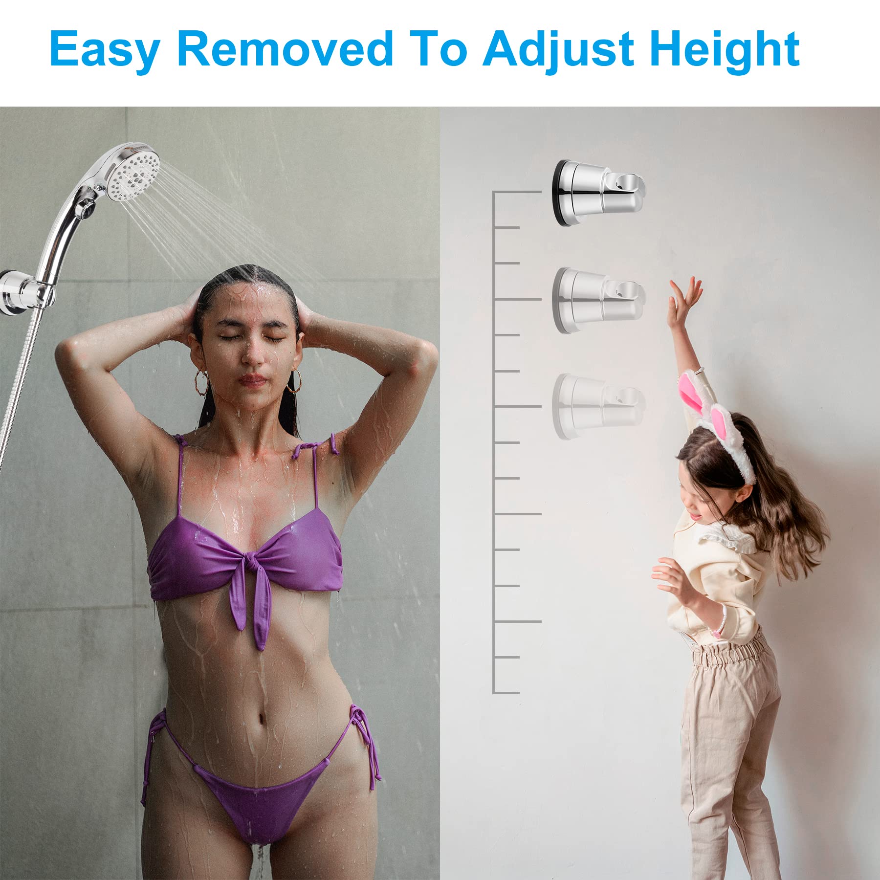 Hibbent Vacuum Suction Cup Shower Head Holder, Removable Shower Head Bracket, Height Adjustable Shower Wand Holder & Wall Mount ABS Plastic Suction Holder for Handheld Shower Head, Chrome Finish