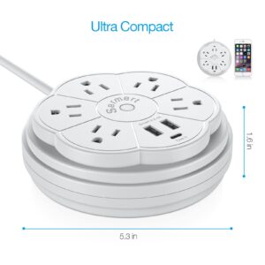 Retractable Power Strip, 5 Outlet Flat Plug Strip with Smart USB Ports and Type-C Port, 900J Surge Protector, 125V/13A, 3.3ft Retractable Extension Cord, Portable & Neat for Travel/Home/Office, White