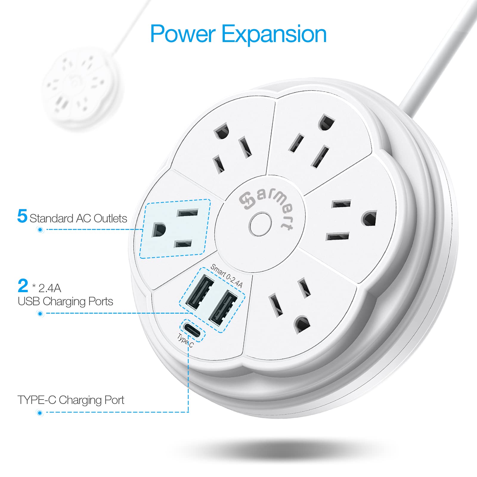 Retractable Power Strip, 5 Outlet Flat Plug Strip with Smart USB Ports and Type-C Port, 900J Surge Protector, 125V/13A, 3.3ft Retractable Extension Cord, Portable & Neat for Travel/Home/Office, White