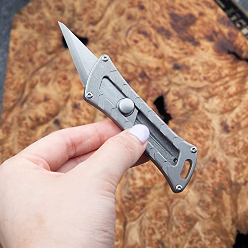 Samior S21 Retractable Blade Utility Knife 1.8 inches D2 Replaceable Razor Blade, 3.5 inches Grey Titanium Handle