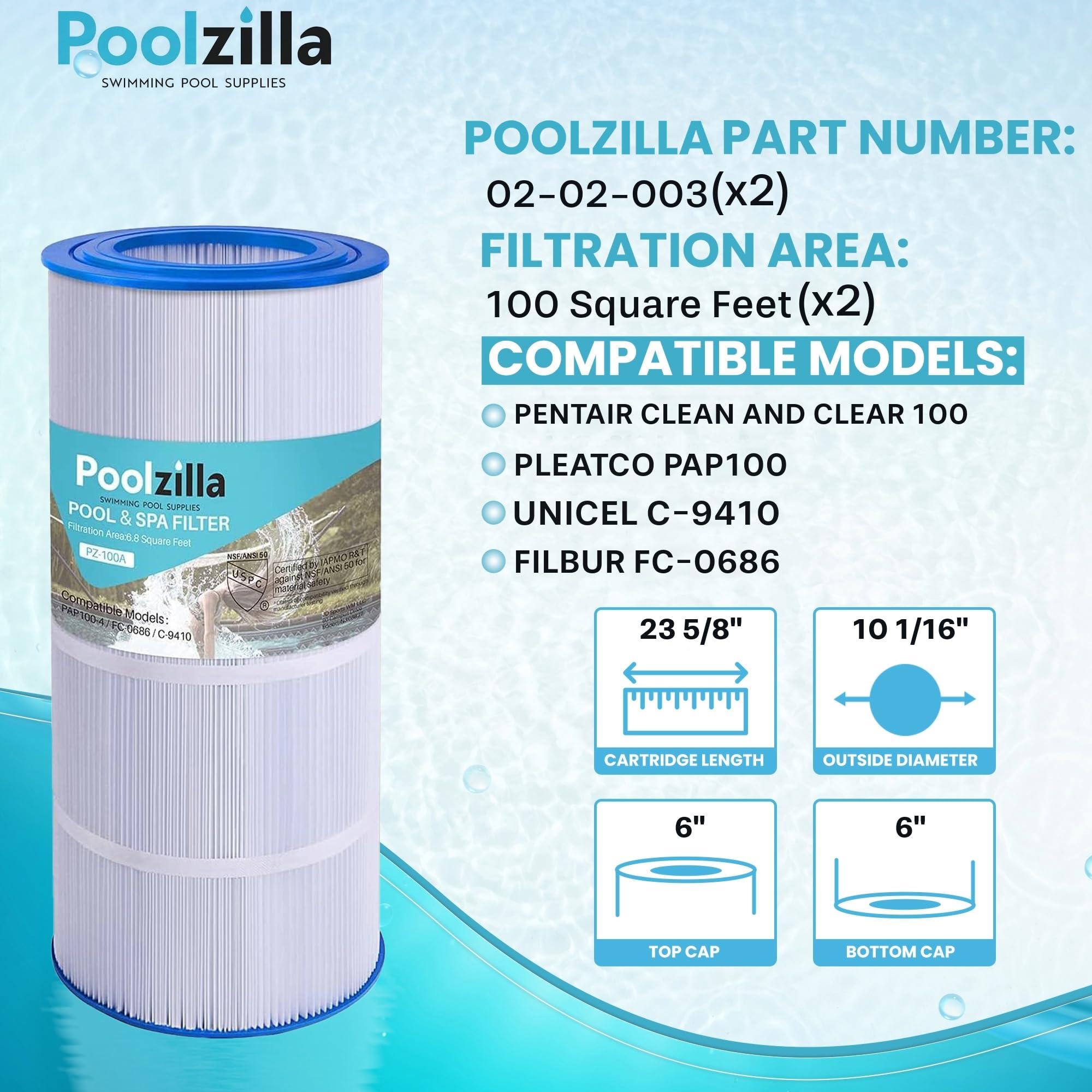 Poolzilla Replacement for Pool Filter Pentair CC100, CCRP100, PAP100, PAP100-4, Unicel C-9410, R173215, Filbur FC-0686, 59054200, 160316, 160354, SP100 Predator 100, 100 sq.ft Filter Cartridge