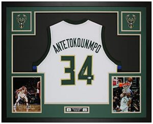 giannis antetokounmpo autographed white milwaukee bucks jersey - beautifully matted and framed - hand signed by giannis and certified authentic by beckett - includes certificate of authenticity