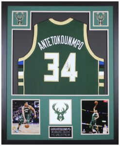 giannis antetokounmpo autographed green milwaukee bucks jersey - beautifully matted and framed - hand signed by giannis and certified authentic by beckett - includes certificate of authenticity