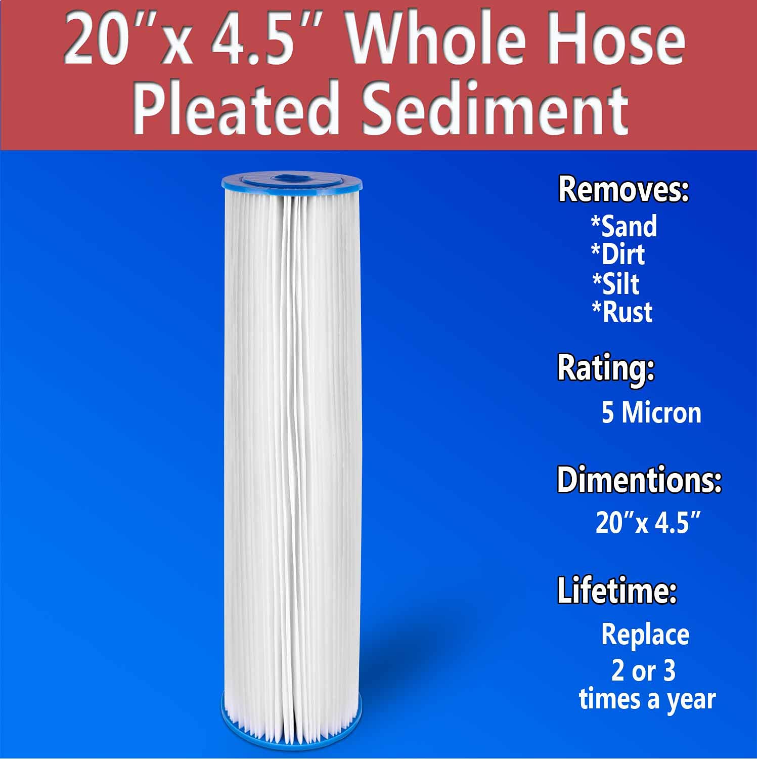 Big 20 x 4.5 inches Pleated Washable & Reusable Sediment Filter 5 Micron Amplified Surface Area, Removes Sand, Dirt, Silt, Rust, Extended Filter Life for 20" Big Housing