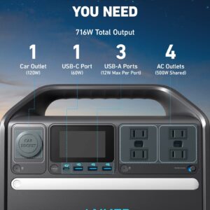 Anker 535 Portable Power Station, 512Wh Solar Generator (Solar Panel Optional) with LiFePO4 Battery Pack, 500W 9-Port Powerhouse, 4 AC Outlets, 60W USB-C PD Output, LED Light for Outdoor Camping, RV