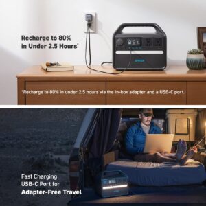 Anker 535 Portable Power Station, 512Wh Solar Generator (Solar Panel Optional) with LiFePO4 Battery Pack, 500W 9-Port Powerhouse, 4 AC Outlets, 60W USB-C PD Output, LED Light for Outdoor Camping, RV