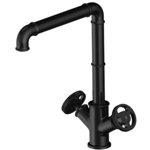kunmai industrial pipe style single hole kitchen faucet with double handle in matte black
