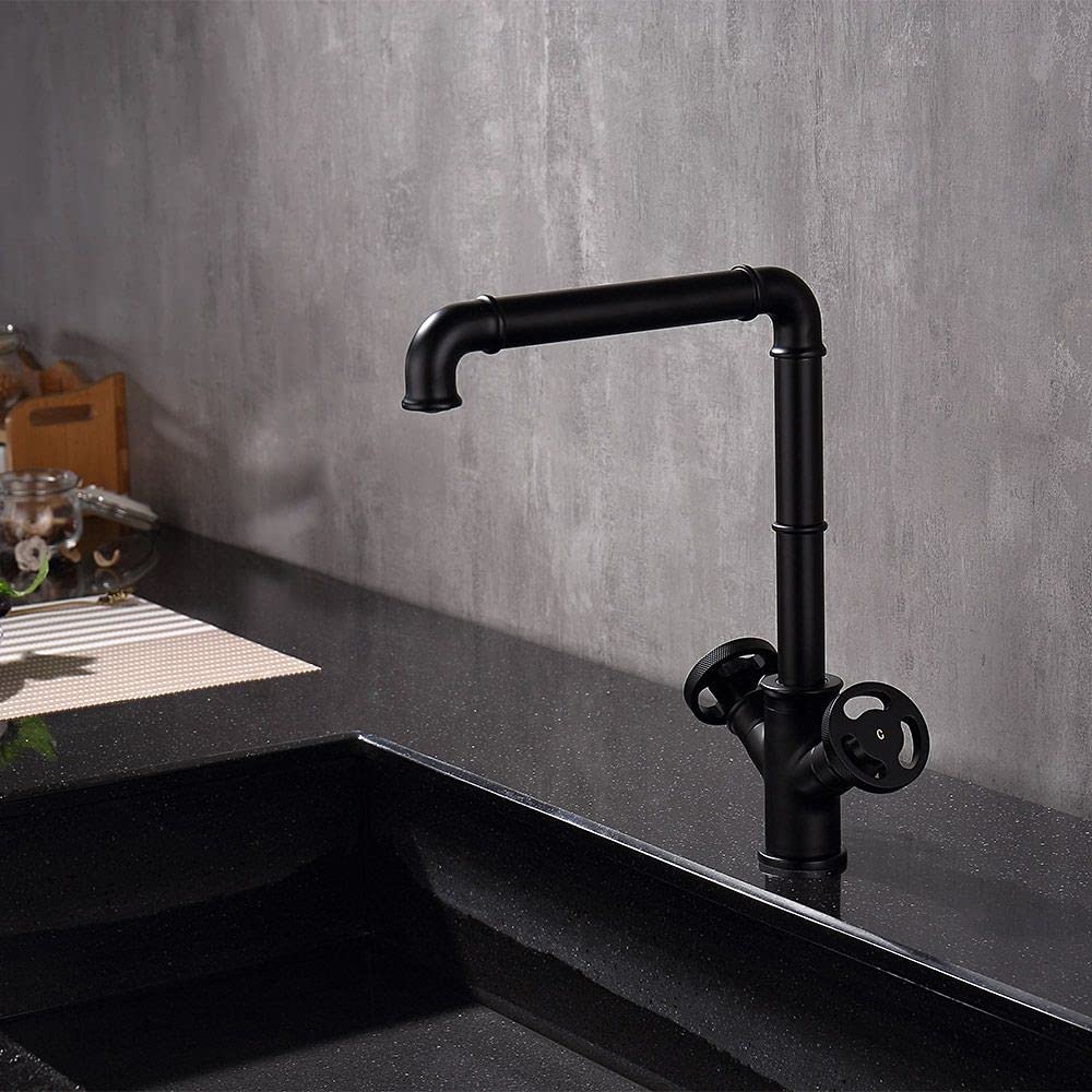 KunMai Industrial Pipe Style Single Hole Kitchen Faucet with Double Handle in Matte Black