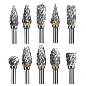 plusroc double cut tungsten carbide rotary burr set, 10 pcs 1/8" shank 1/4" head carbide burrs for woodworking deburring sanding shaping engraving