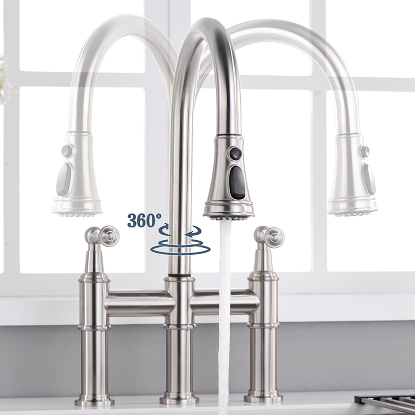 ARRISEA Heritage Bridge Kitchen Faucet with Pull-Down Sprayhead 2 Handle 8 Inch Faucet for Kitchen Sinks 3 Hole Install Kitchen Sink Faucet Fingerprint Resistant Spot Free Brushed Nickel