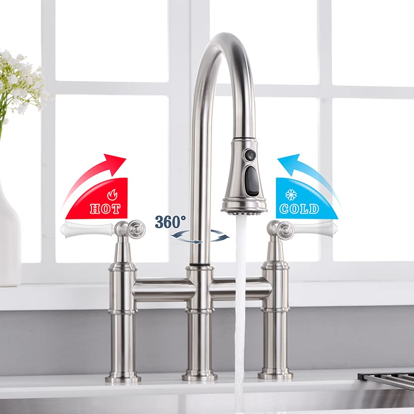 ARRISEA Heritage Bridge Kitchen Faucet with Pull-Down Sprayhead 2 Handle 8 Inch Faucet for Kitchen Sinks 3 Hole Install Kitchen Sink Faucet Fingerprint Resistant Spot Free Brushed Nickel