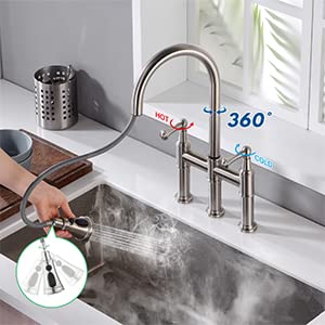 ARRISEA Heritage Bridge Kitchen Faucet with Pull-Down Sprayhead 2 Handle 8 Inch Faucet for Kitchen Sinks 3 Hole Install Kitchen Sink Faucet Fingerprint Resistant Spot Free Brushed Nickel