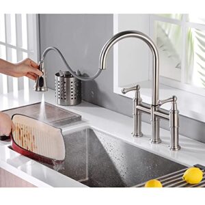 ARRISEA Heritage Bridge Kitchen Faucet with Pull-Down Sprayhead 2 Handle 8 Inch Faucet for Kitchen Sinks 3 Hole Install Kitchen Sink Faucet Fingerprint Resistant Spot Free Brushed Nickel