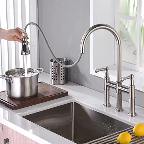 ARRISEA Heritage Bridge Kitchen Faucet with Pull-Down Sprayhead 2 Handle 8 Inch Faucet for Kitchen Sinks 3 Hole Install Kitchen Sink Faucet Fingerprint Resistant Spot Free Brushed Nickel